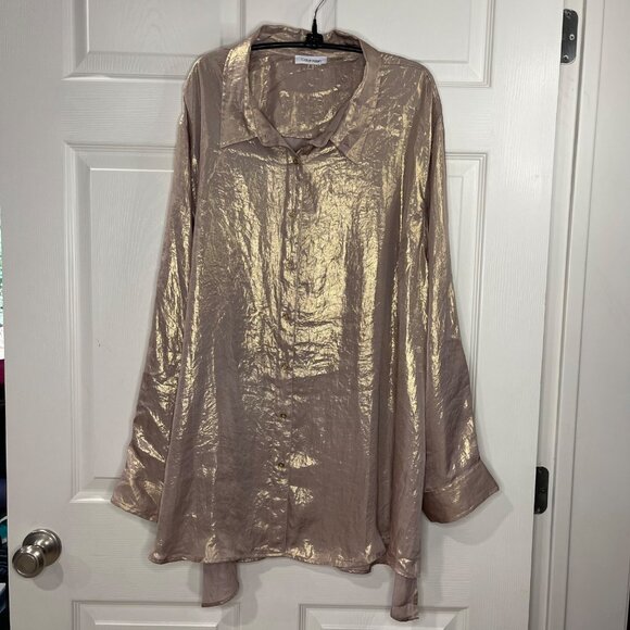 Calvin Klein Metallic Blouse Women's Plus Size 3X Roll Tab Sleeves Button Front - Picture 2 of 11